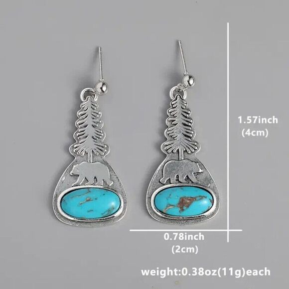 BEAR PAW TREE FANCY FOX SILVER TURQUOISE EARRINGS WESTERN SOUTHWEST DANGLE - Picture 2 of 2